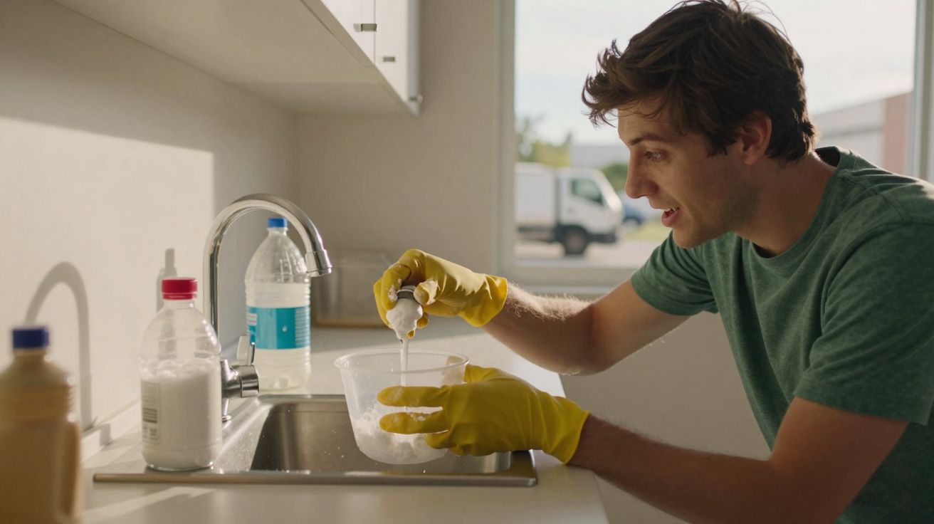 Jovem com luvas amarelas prepara mistura em recipiente transparente na pia de cozinha.