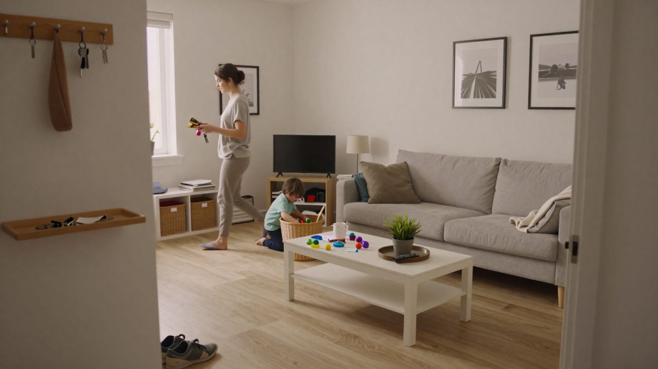 Mulher e criança organizando brinquedos na sala de estar clara com sofá cinza e mesa branca.