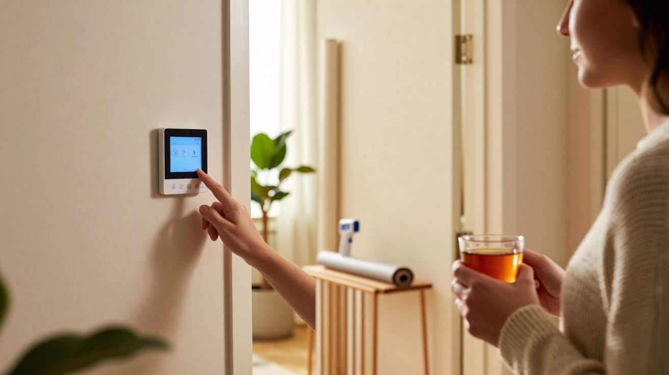 Mulher ajusta termostato digital na parede enquanto segura copo de chá em ambiente doméstico iluminado.