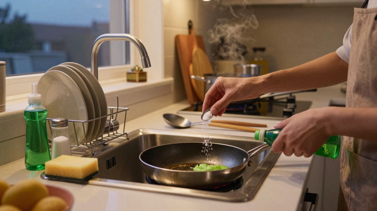 Pessoa temperando alimento em frigideira sobre pia de cozinha moderna ao entardecer.
