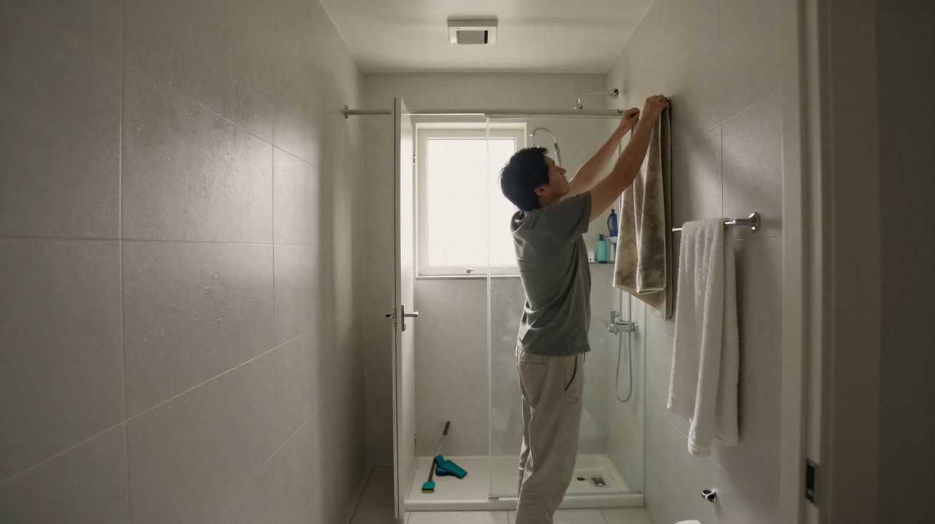 Homem organizando toalha em banheiro claro com box de vidro e janela ao fundo.