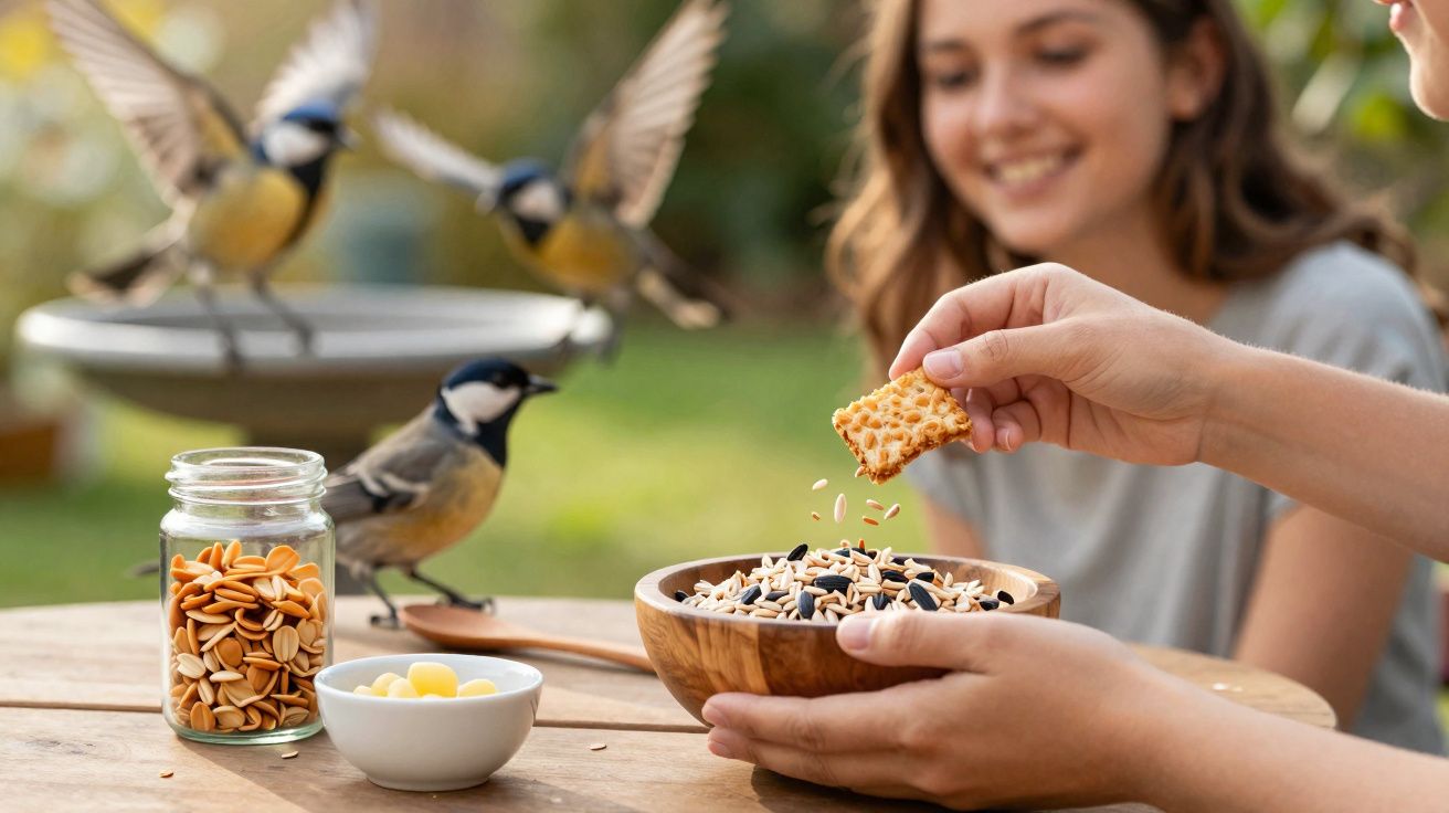 Pessoa alimenta passarinhos com sementes em tigela de madeira, criança sorrindo ao fundo.