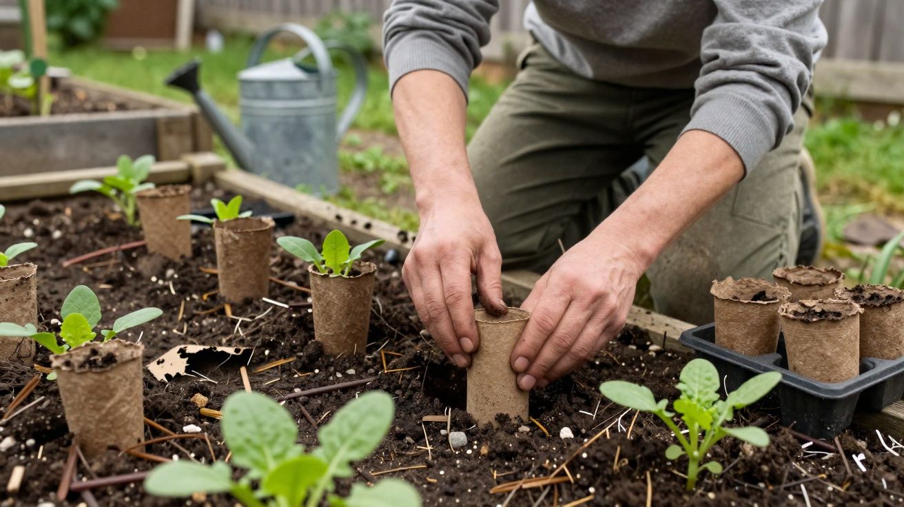 Pessoa plantando mudas em vasos biodegradáveis em canteiro de terra em jardim residencial.