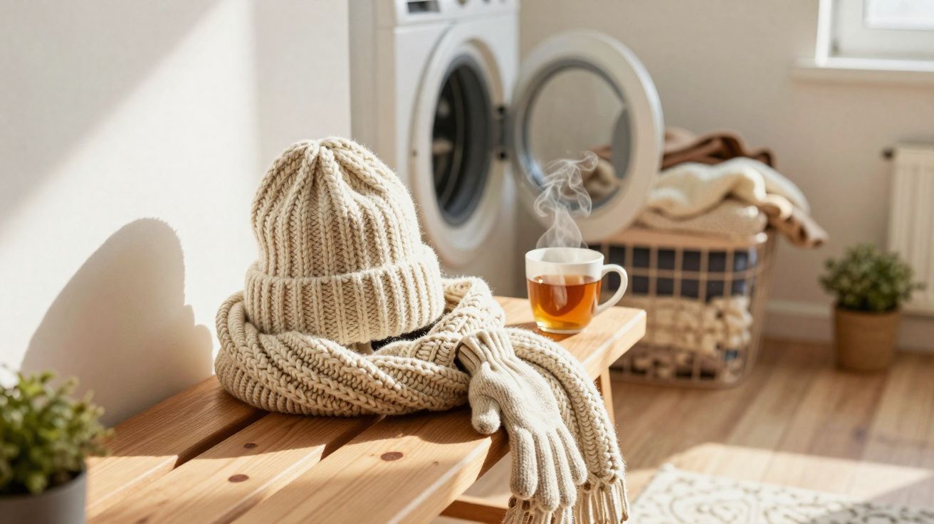 Banco de madeira com gorro, cachecol e luvas de lã ao lado de chá quente e máquina de lavar roupas.