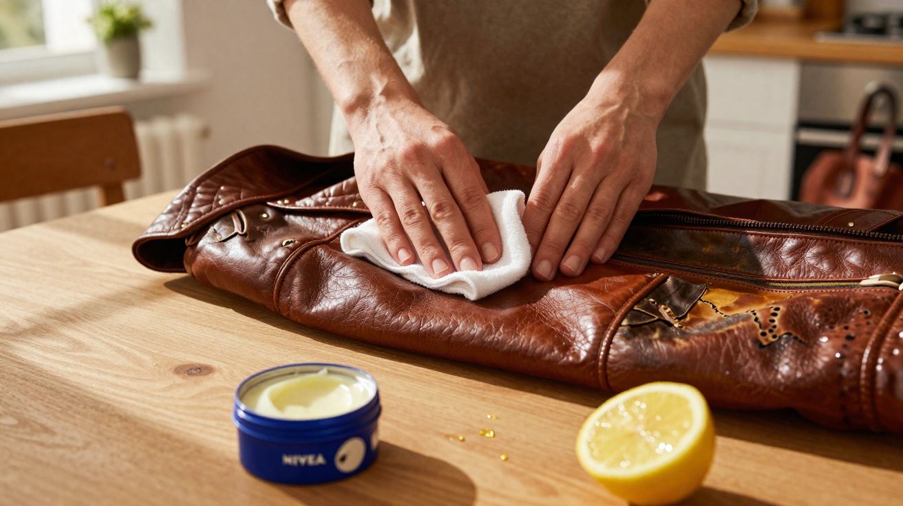 Mãos limpando bolsa de couro marrom com pano branco, creme Nivea e limão ao lado sobre mesa de madeira.