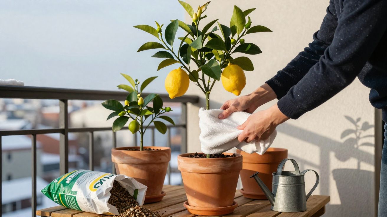 Pessoa cuidando de plantas cítricas em vasos de barro em varanda ensolarada.