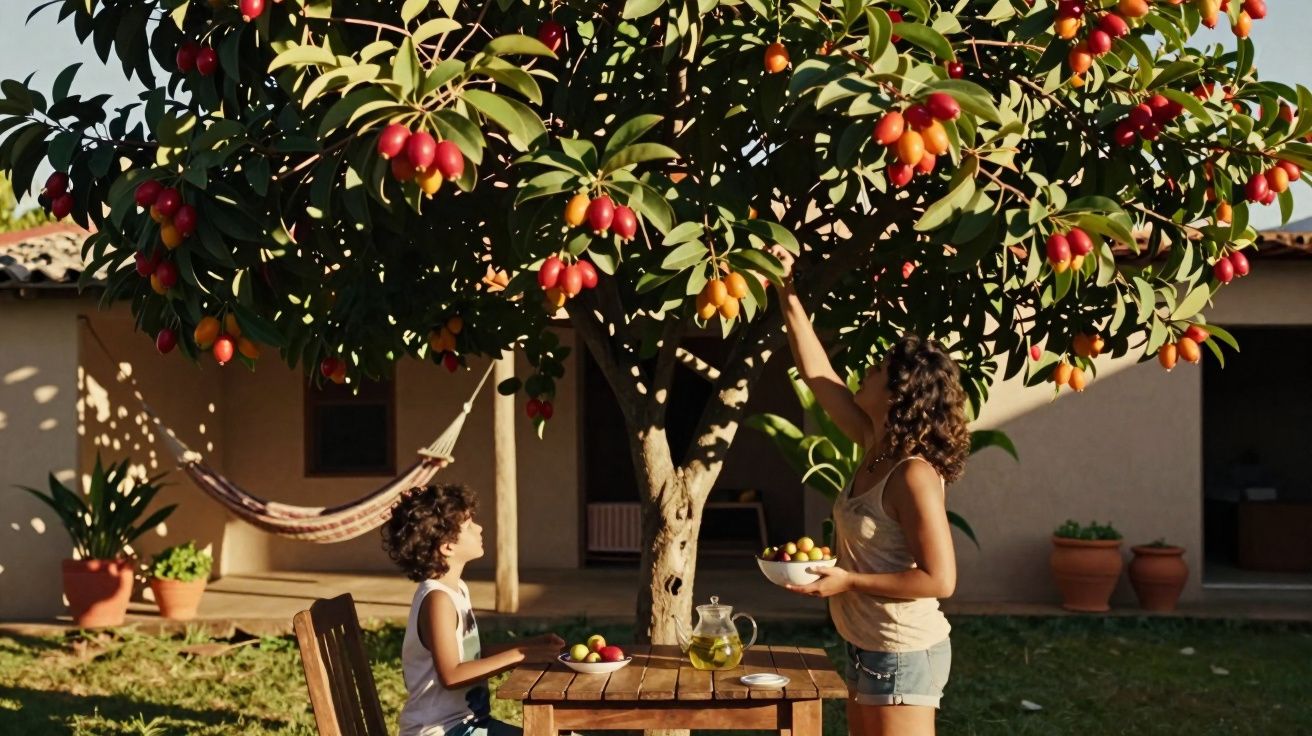 Mulher colhendo frutos de árvore enquanto menino observa sentado à mesa no quintal ensolarado.