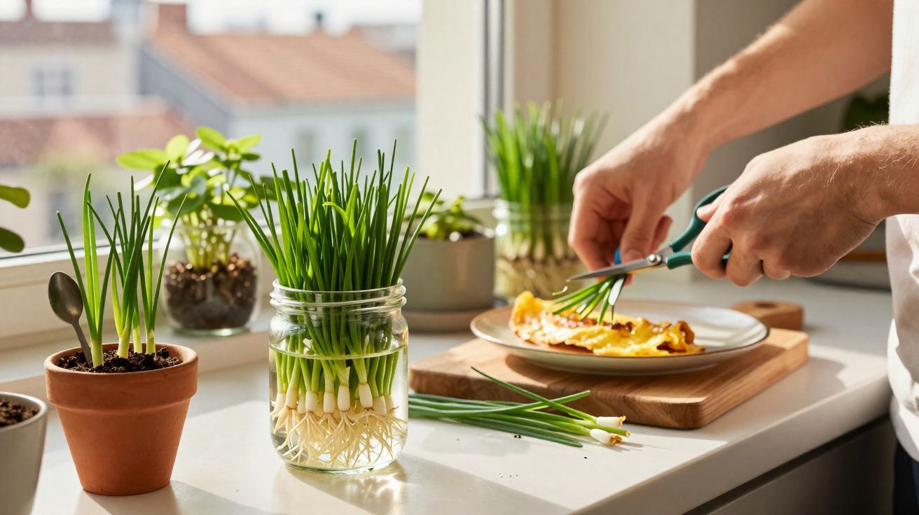 Mãos cortando cebolinha com tesoura na cozinha, plantas em vasos e pote de vidro na janela.