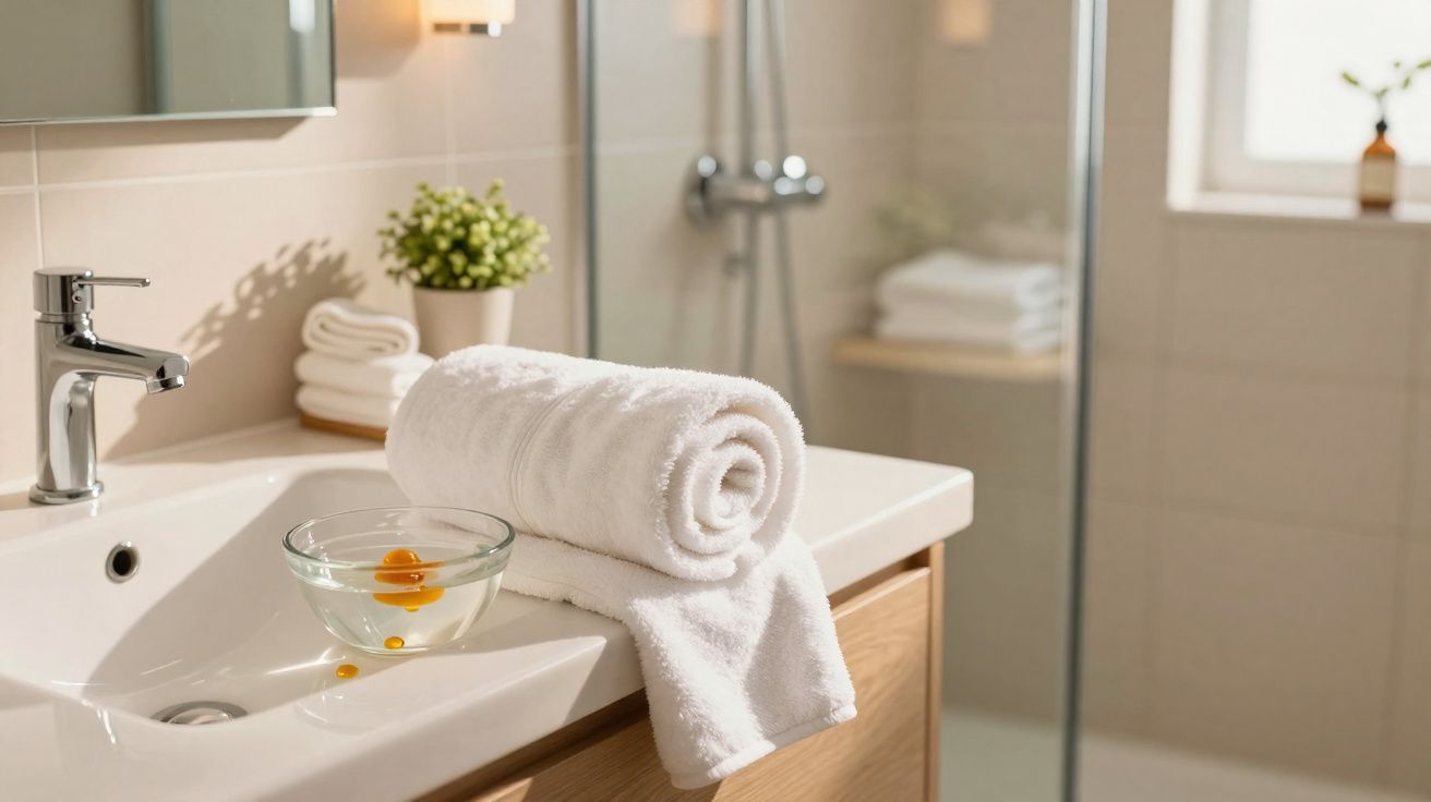 Banheiro com pia, toalhas brancas dobradas, toalha enrolada e planta decorativa.