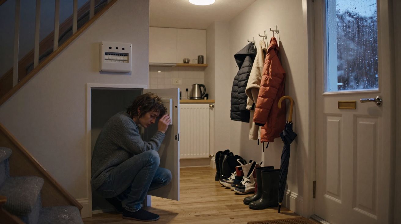 Pessoa sentada agachada em armário sob a escada em corredor com casacos, sapatos e porta molhada pela chuva.