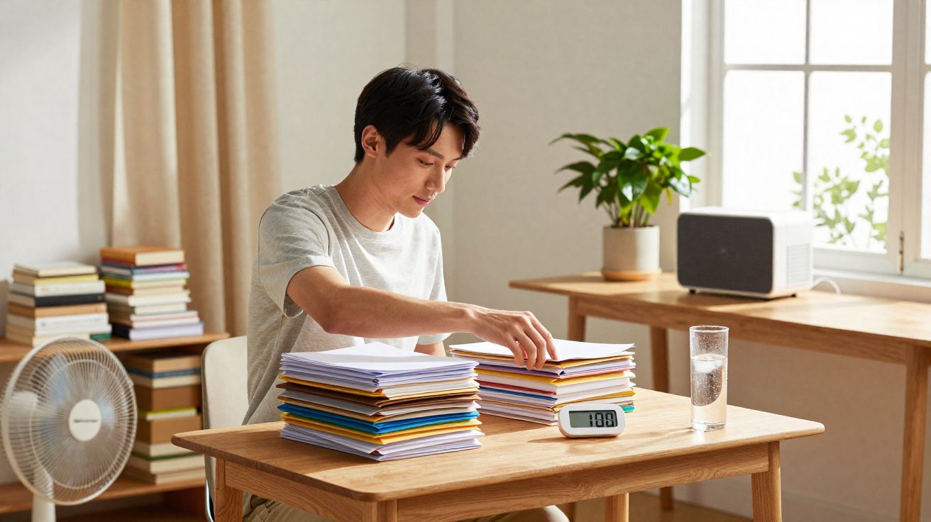 Homem sentado organizando pilhas de documentos em mesa de madeira, em ambiente iluminado natural.