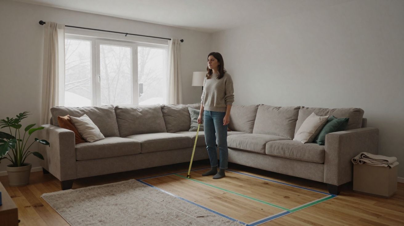 Mulher usando trena medindo espaço no chão de sala com sofá cinza em forma de L e carpete.