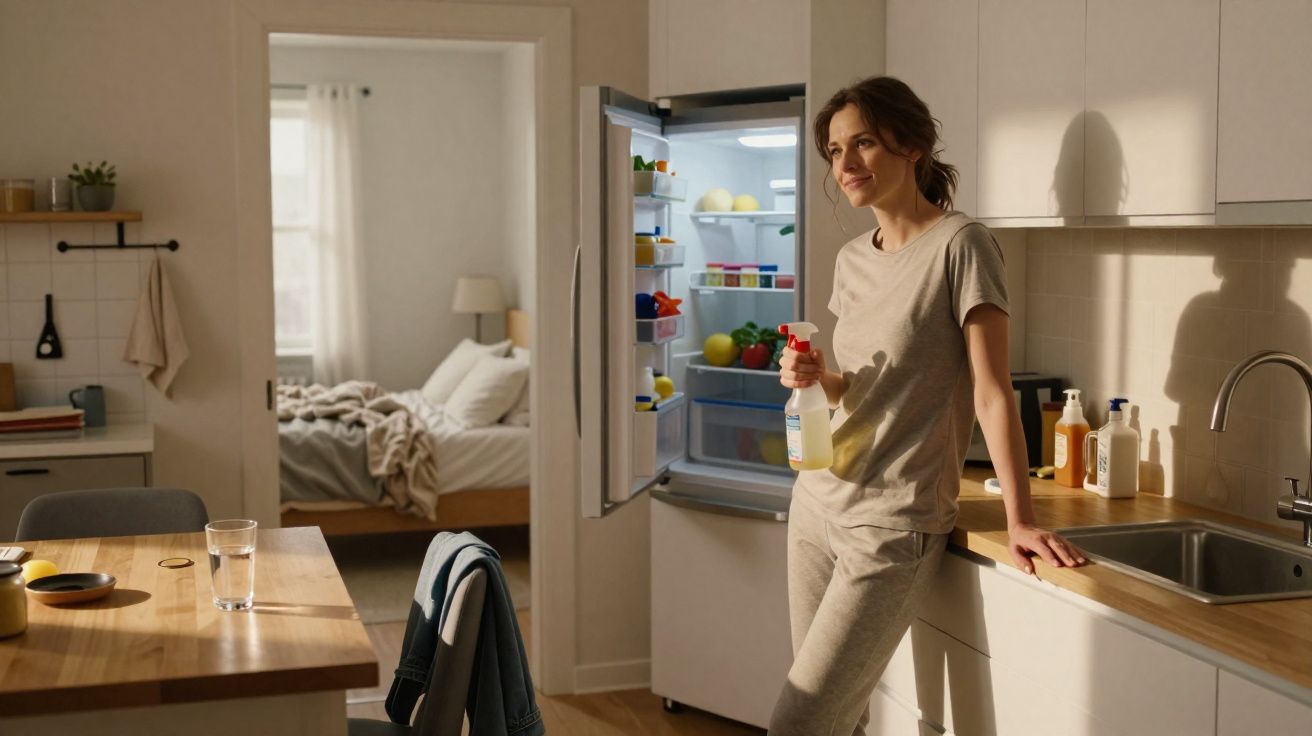Mulher em roupas claras segura spray de limpeza na cozinha iluminada ao lado da geladeira aberta.