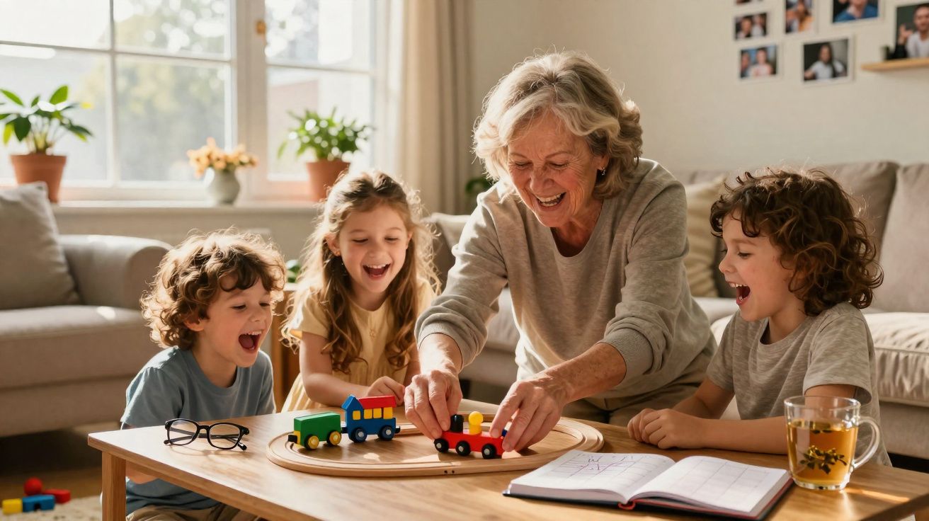 Idosa brincando com três crianças com um trem de brinquedo em uma mesa de madeira em casa.