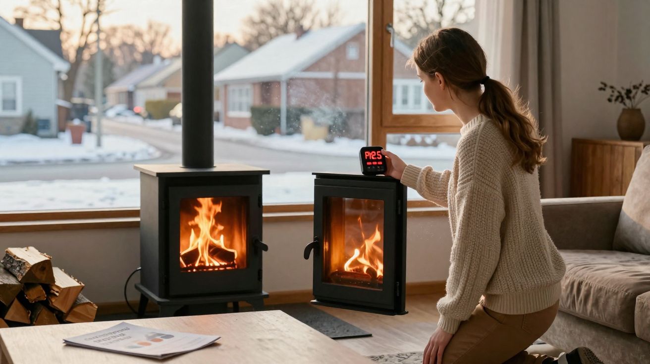 Mulher ajusta temperatura de lareira a lenha em sala aconchegante com neve do lado de fora.