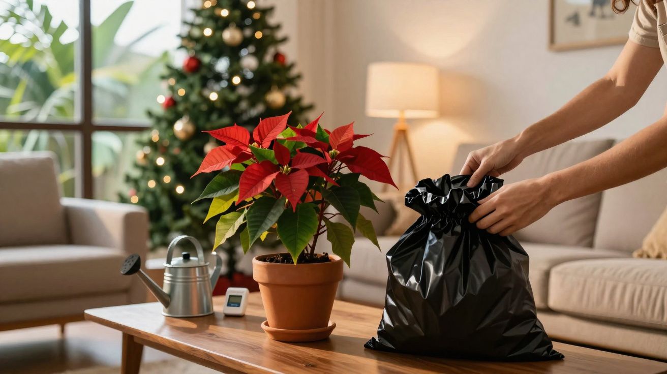 Pessoa cerrando saco preto na mesa com vaso de flor do Natal e árvore de Natal desfocada ao fundo.