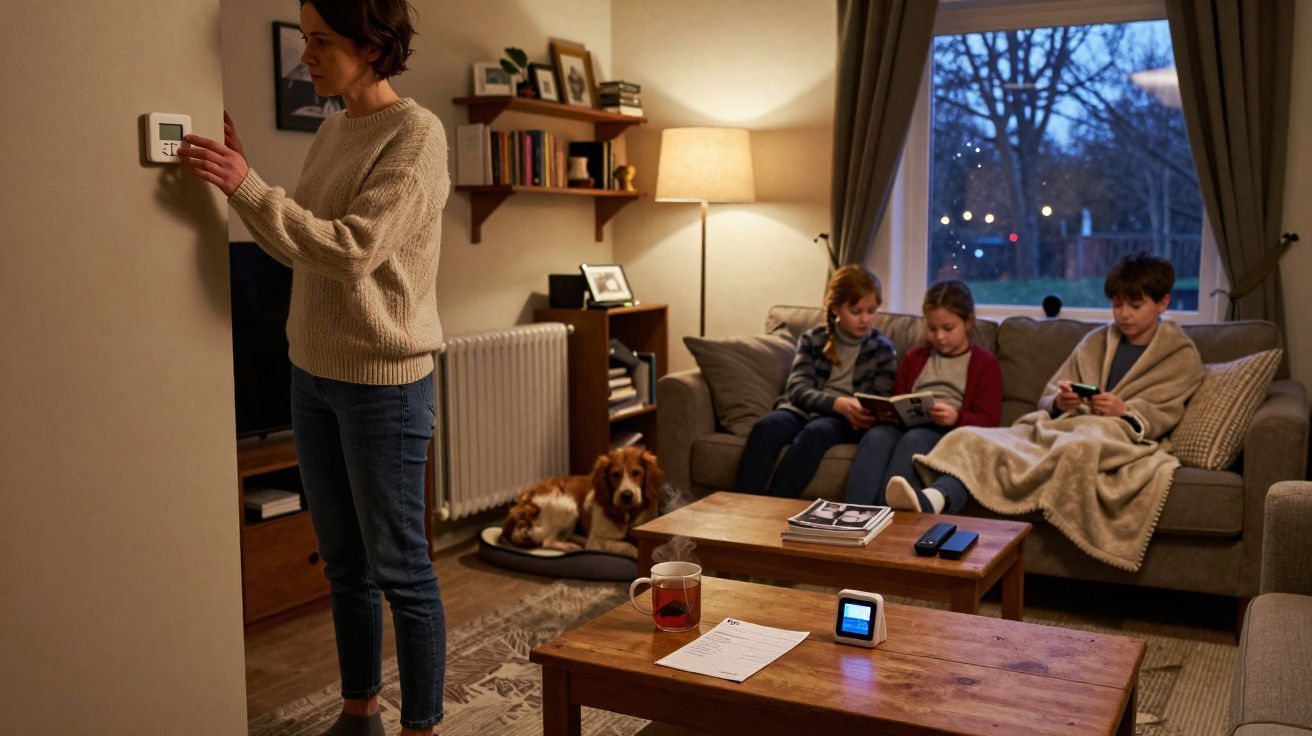 Mulher ajusta termostato enquanto três crianças e um cachorro estão no sofá em sala de estar aconchegante à noite.