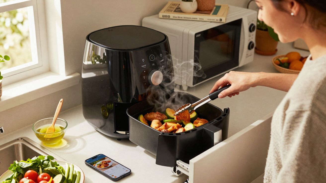 Pessoa retirando comida quente de airfryer preta em balcão de cozinha iluminada por janela.