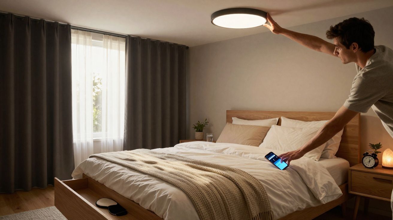 Homem ajusta luminária de teto em quarto com cama de madeira e decoração neutra e aconchegante.