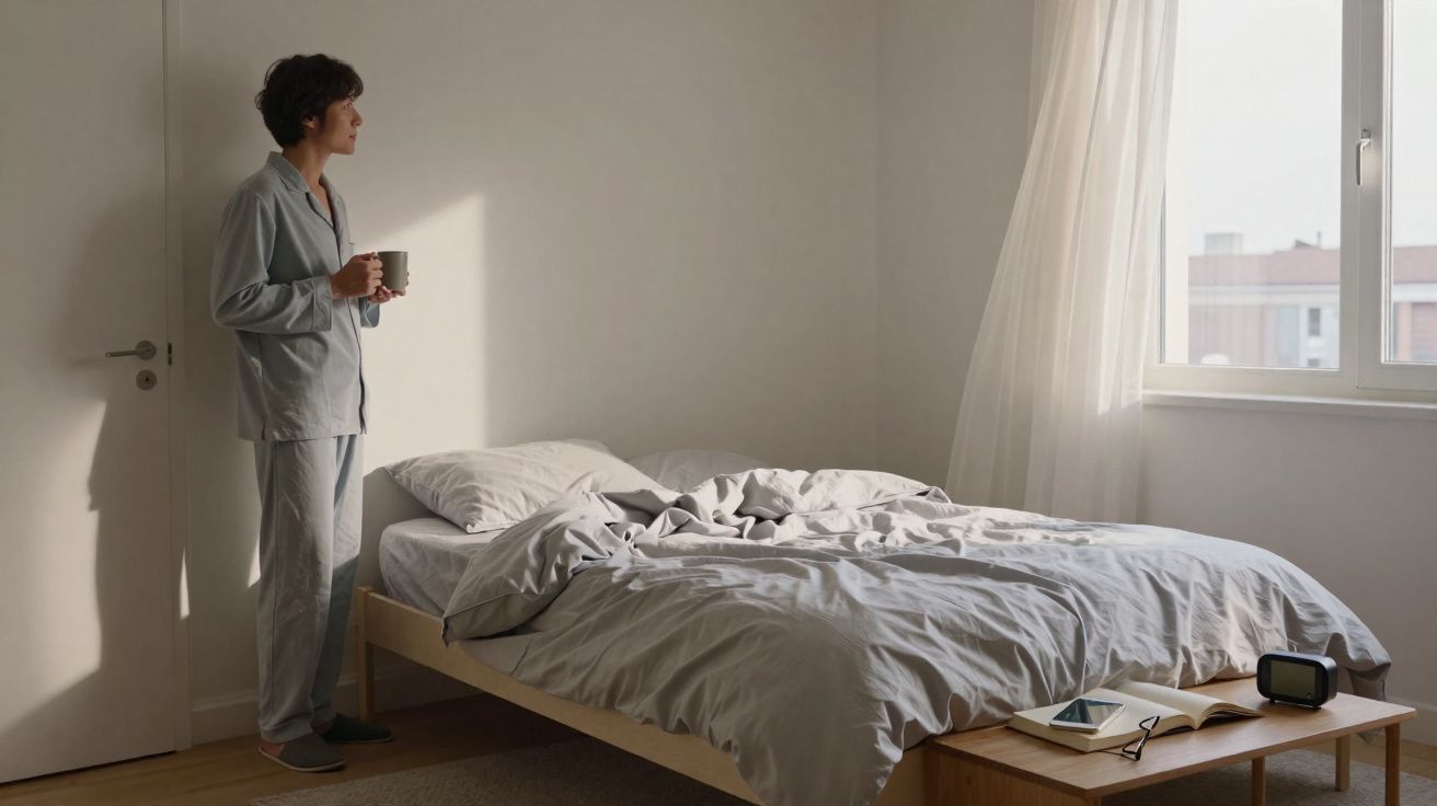 Pessoa de pijama cinza em quarto minimalista, segurando xícara e olhando pela janela durante a manhã.