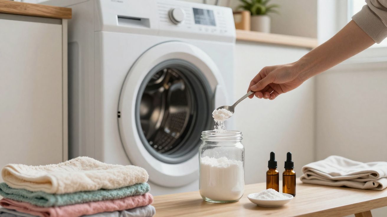 Pessoa colocando detergente em pó em colher, na lavanderia com máquina de lavar e roupas dobradas.