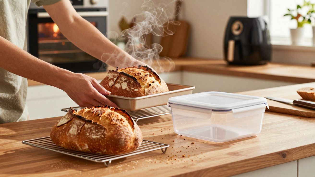 Pão caseiro quente solta vapor, sendo retirado de forma com uma mão em cozinha iluminada.