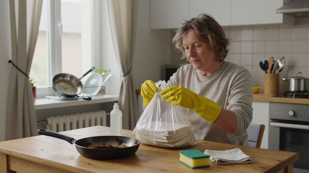 Mulher de luvas amarelas fechando saco plástico com toalhas na cozinha limpa.