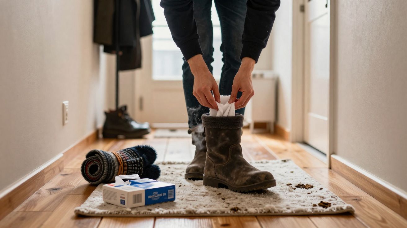 Pessoa colocando papel dentro de bota suja e úmida em tapete numa entrada de casa.