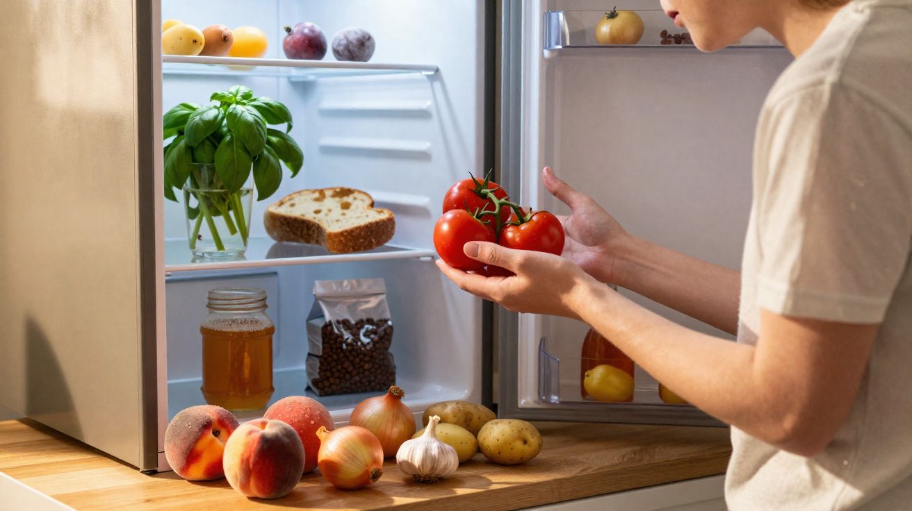 Pessoa segurando tomates na frente de geladeira aberta com frutas, pão, ervas e vegetais.