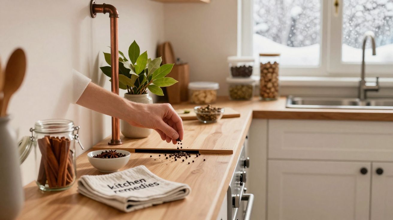 Mão espalhando temperos em bancada de cozinha clara com janela mostrando neve do lado de fora.