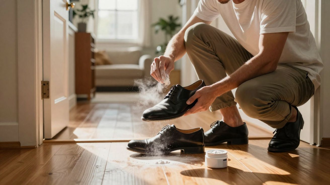 Pessoa fazendo limpeza de sapatos sociais pretos com pó branco dentro de casa.