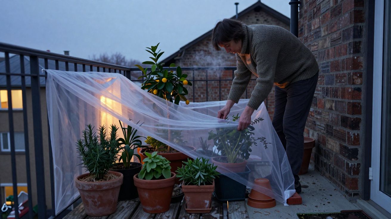Pessoa cobrindo plantas em vasos com tecido transparente em varanda ao entardecer.