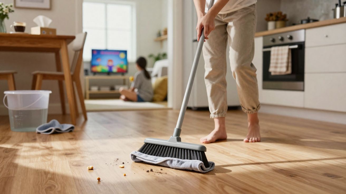 Pessoa varrendo chão de madeira com vassoura em ambiente doméstico, com criança assistindo TV ao fundo.