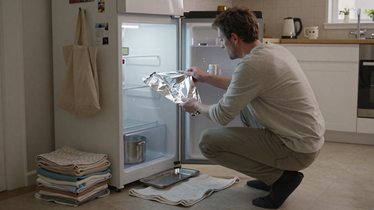 Homem agachado abrindo geladeira vazia, segurando papel alumínio na cozinha.