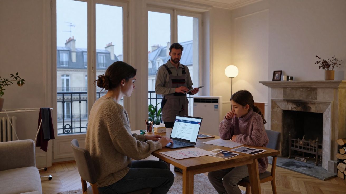 Mulher e menina sentadas à mesa com laptop e documentos, homem em pé com tablet em sala iluminada.
