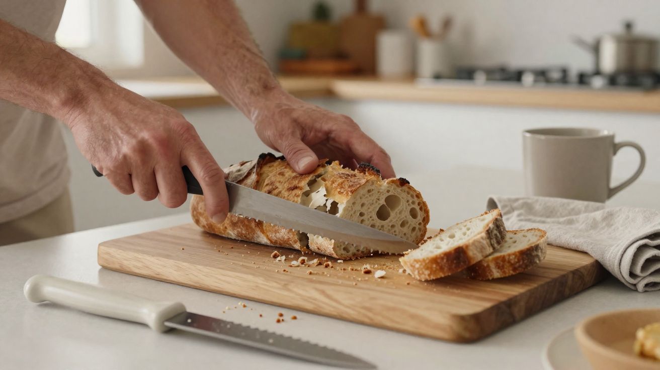 Pessoa cortando pão fresco em tábua de madeira com faca serrilhada na cozinha clara.