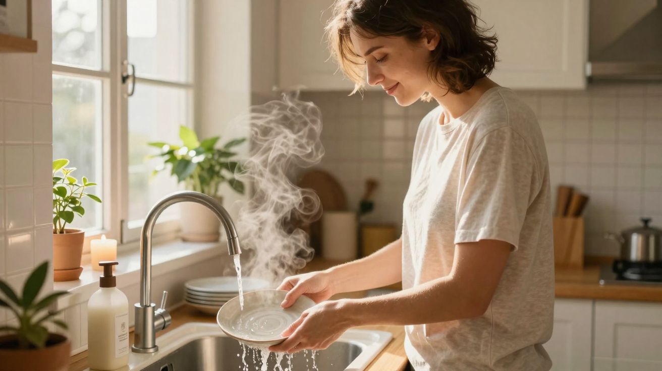 Mulher lavando prato quente com vapor saindo dele na pia da cozinha iluminada.