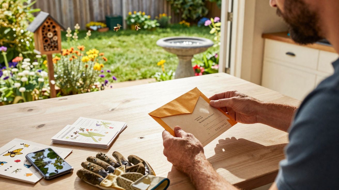 Homem segurando envelope em mesa perto de cartas, luvas de jardinagem e jardim florido ao fundo.