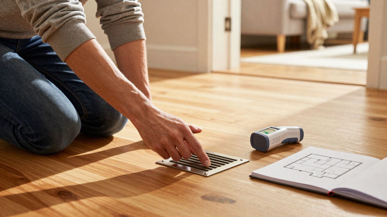 Pessoa ajoelhada tocando uma saída de ar no chão perto de um medidor e uma planta baixa.