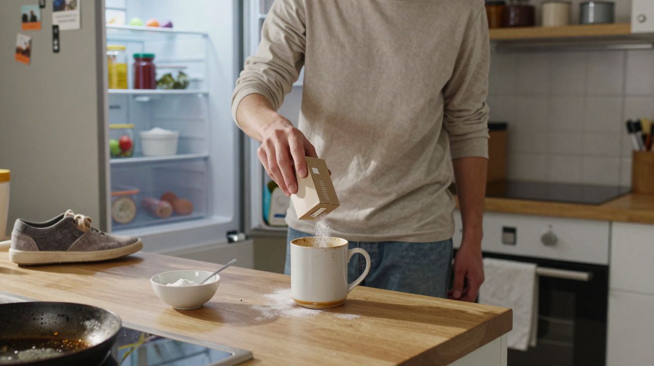 Pessoa adicionando açúcar em caneca na cozinha, com geladeira aberta ao fundo e tênis sobre a bancada.