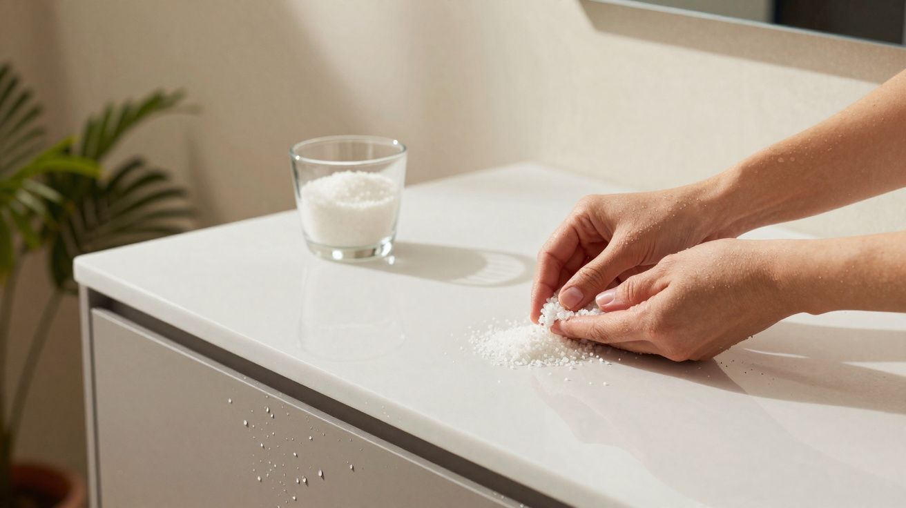 Mãos recolhendo sal granulado branco de uma superfície branca com um copo cheio de sal ao fundo.