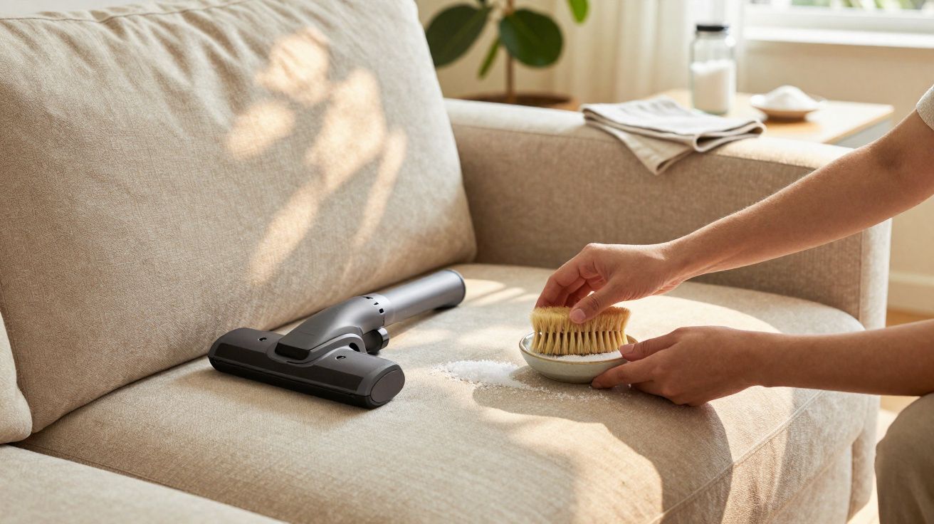 Mãos limpando sofá bege com escova e pó, aspirador ao lado num ambiente iluminado.