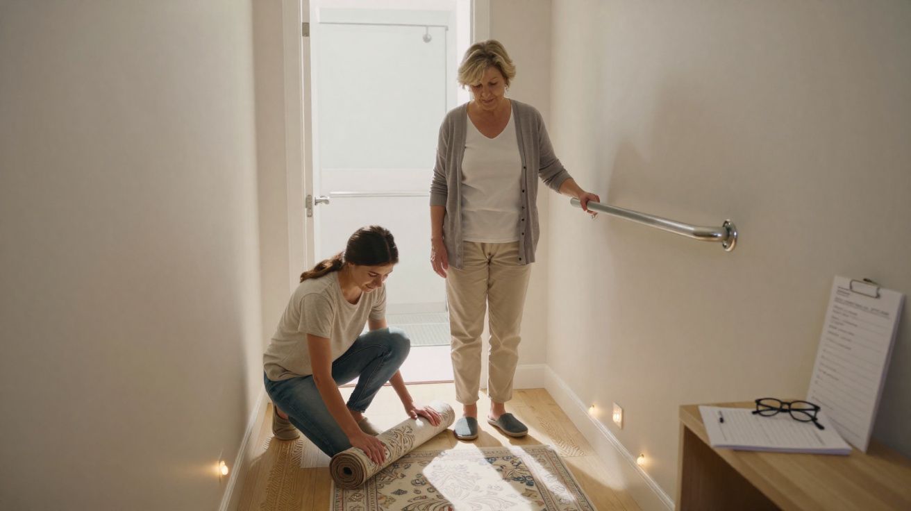 Mulher mais jovem desenrolando tapete para mulher idosa que apoia-se em corrimão em corredor iluminado.