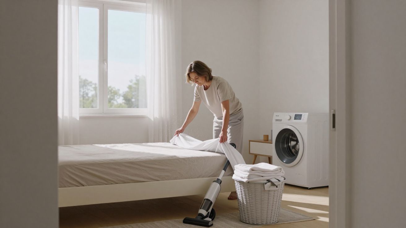 Mulher arrumando a cama com aspirador de pó em quarto claro, ao lado cesta de roupas e máquina de lavar.