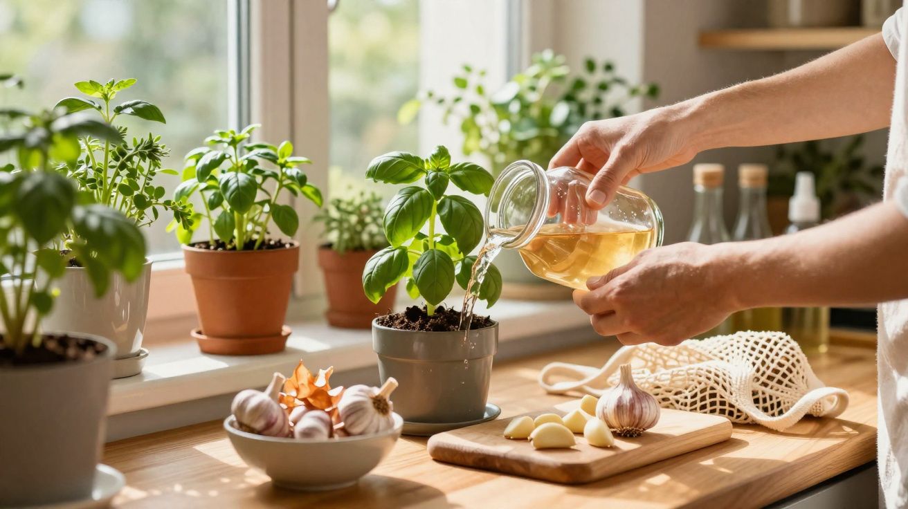 Pessoa regando planta de manjericão em vaso cinza sobre bancada de madeira com alho e ervas ao lado.