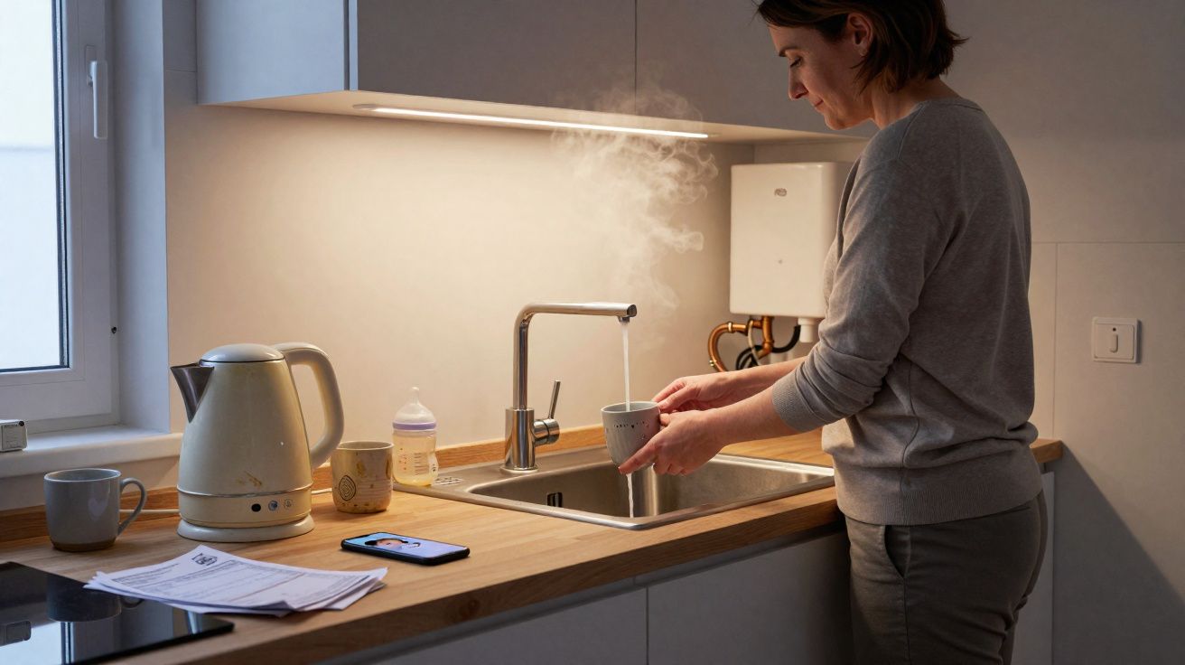 Mulher pega água quente na torneira de cozinha para preparar bebida quente, com chaleira e copos na bancada.
