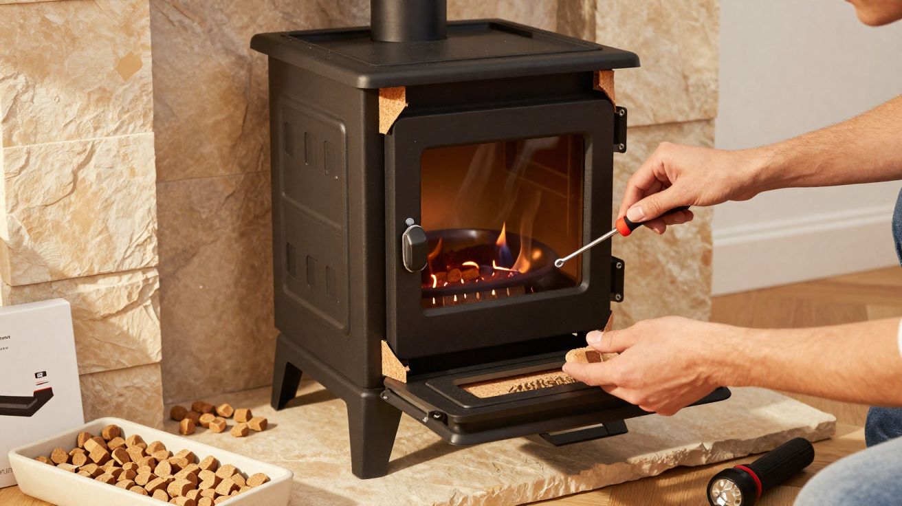 Pessoa acendendo fogo em um fogão a lenha com pedaços de madeira ao lado, em ambiente interno.
