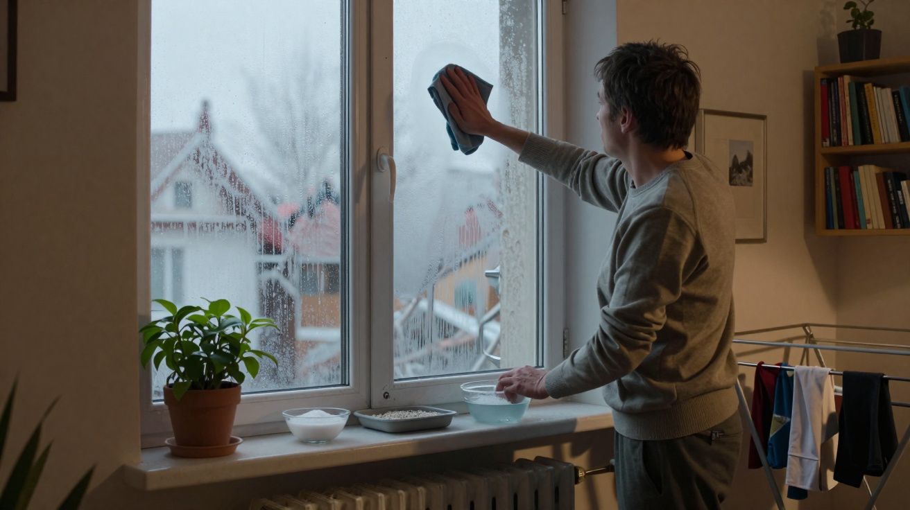Pessoa limpando a janela em dia nublado dentro de um cômodo com plantas e livros ao fundo.