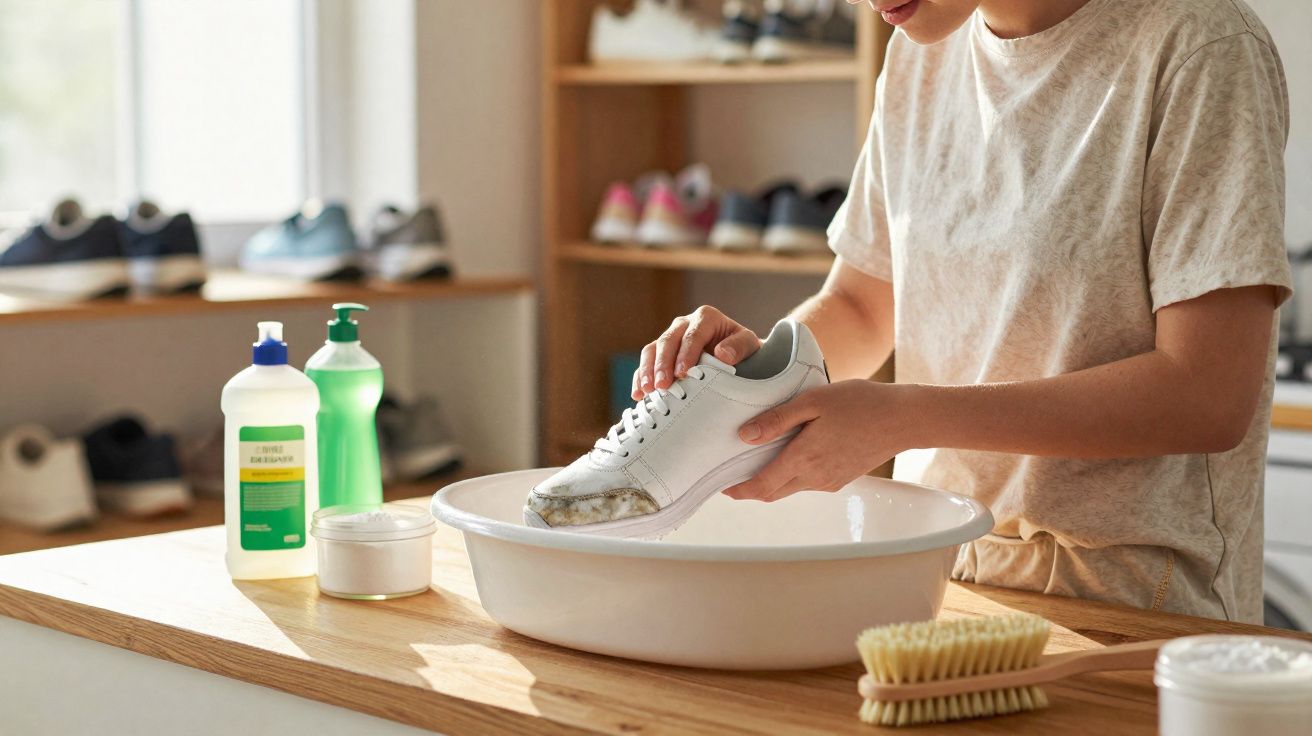 Pessoa limpando tênis branco em uma bacia com produtos de limpeza sobre a mesa de madeira.