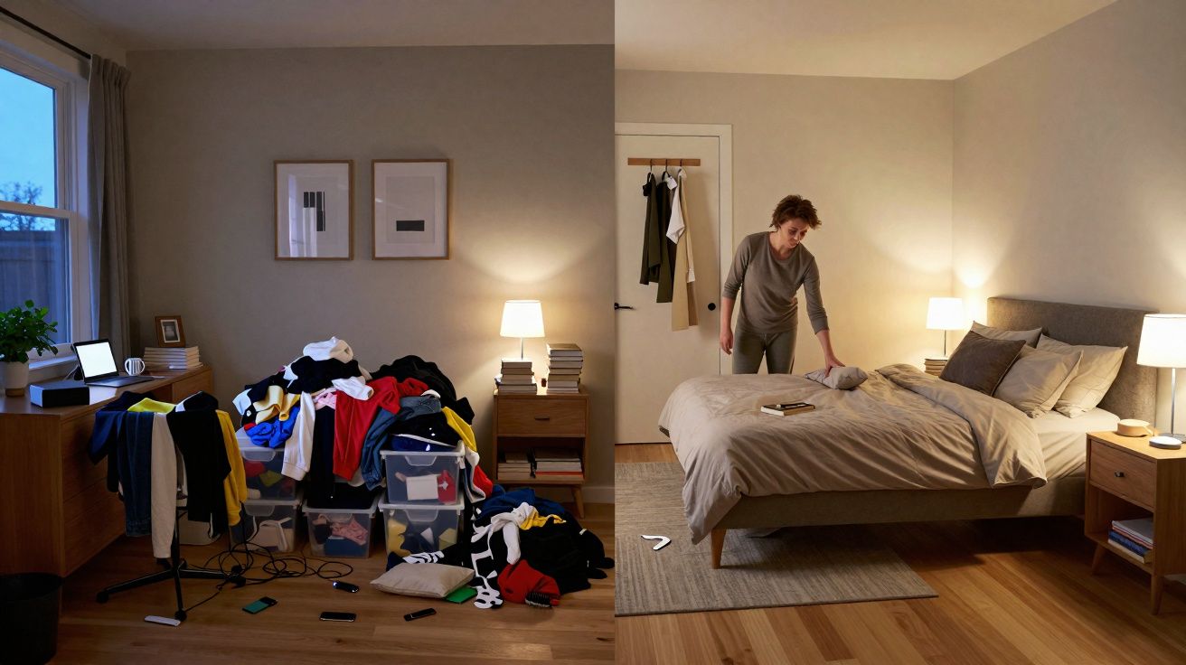 Foto dividida mostra um quarto bagunçado com roupas espalhadas e o mesmo quarto arrumado, com mulher ajeitando a cama.